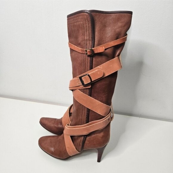 CHLOE Brown Leather Knee High Tall Boots Sz 9 / 40 EUR Wrap Around Straps Y2K - Picture 4 of 11
